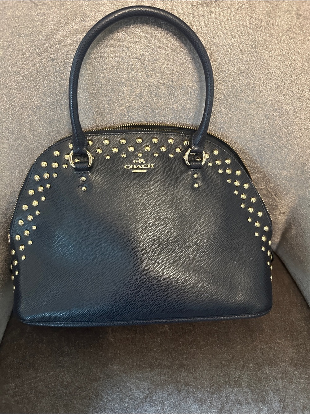 COACH Black Leather Dome Satchel with Gold Stud Accents